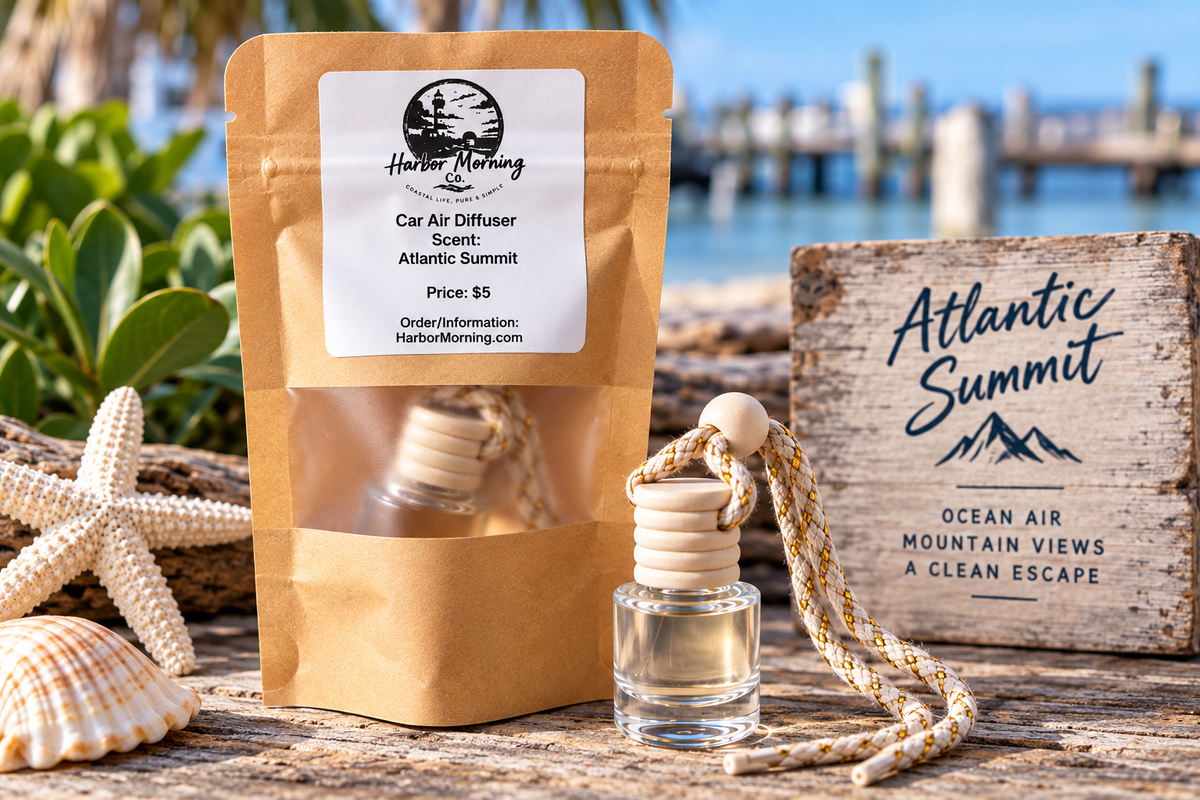Atlantic Summit Car Air Diffuser with packaging in a coastal setting