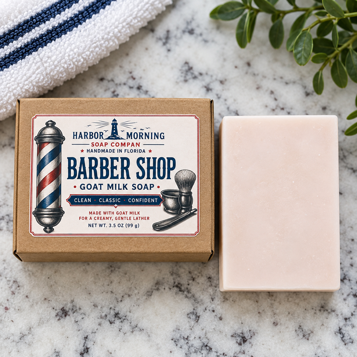 Harbor Morning Barber Shop Goat Milk Soap with kraft box