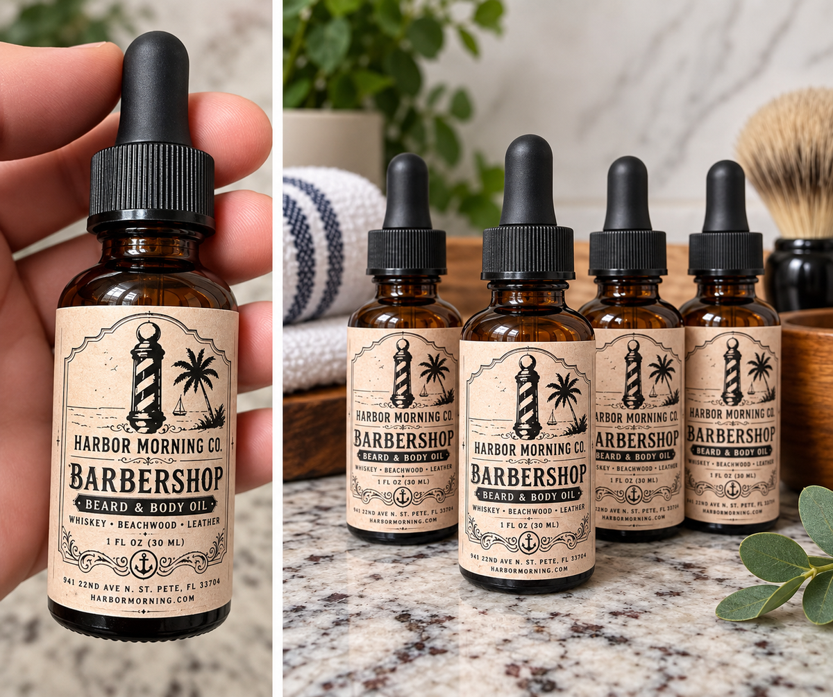 Harbor Morning Barbershop Beard and Body Oil, whiskey beachwood leather, 1 fl oz