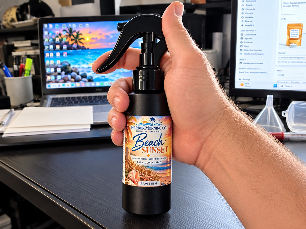 Harbor Morning Co. Beach Sunset 4 oz Room & Linen Spray in black trigger spray bottle