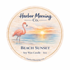 Harbor Morning Co. Beach Sunset 4oz coastal soy candle label with flamingo and sunset design — hand-poured in Florida