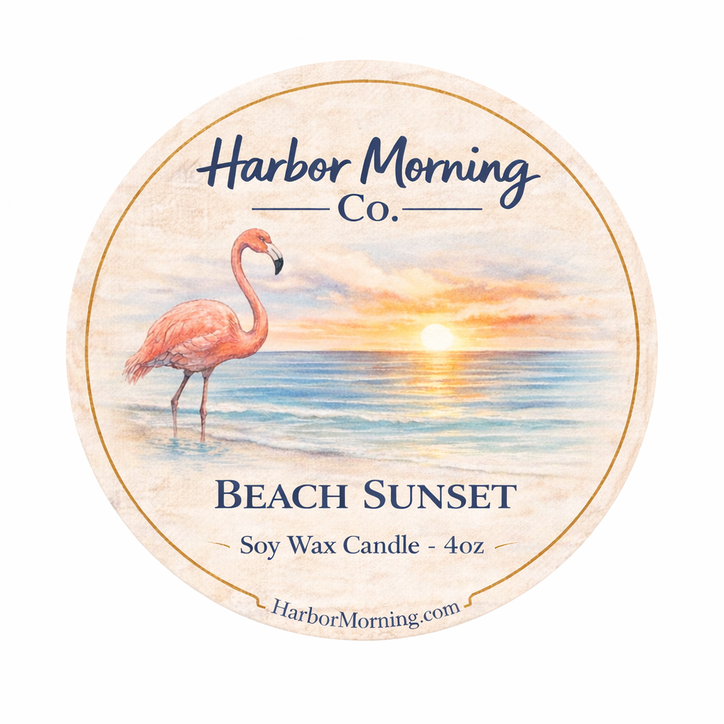 Harbor Morning Co. Beach Sunset 4oz coastal soy candle label with flamingo and sunset design — hand-poured in Florida