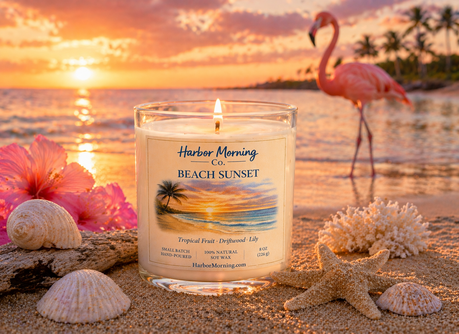 Harbor Morning Co. Beach Sunset 8oz hand-poured coastal soy candle in a beach setting with flamingo in the background