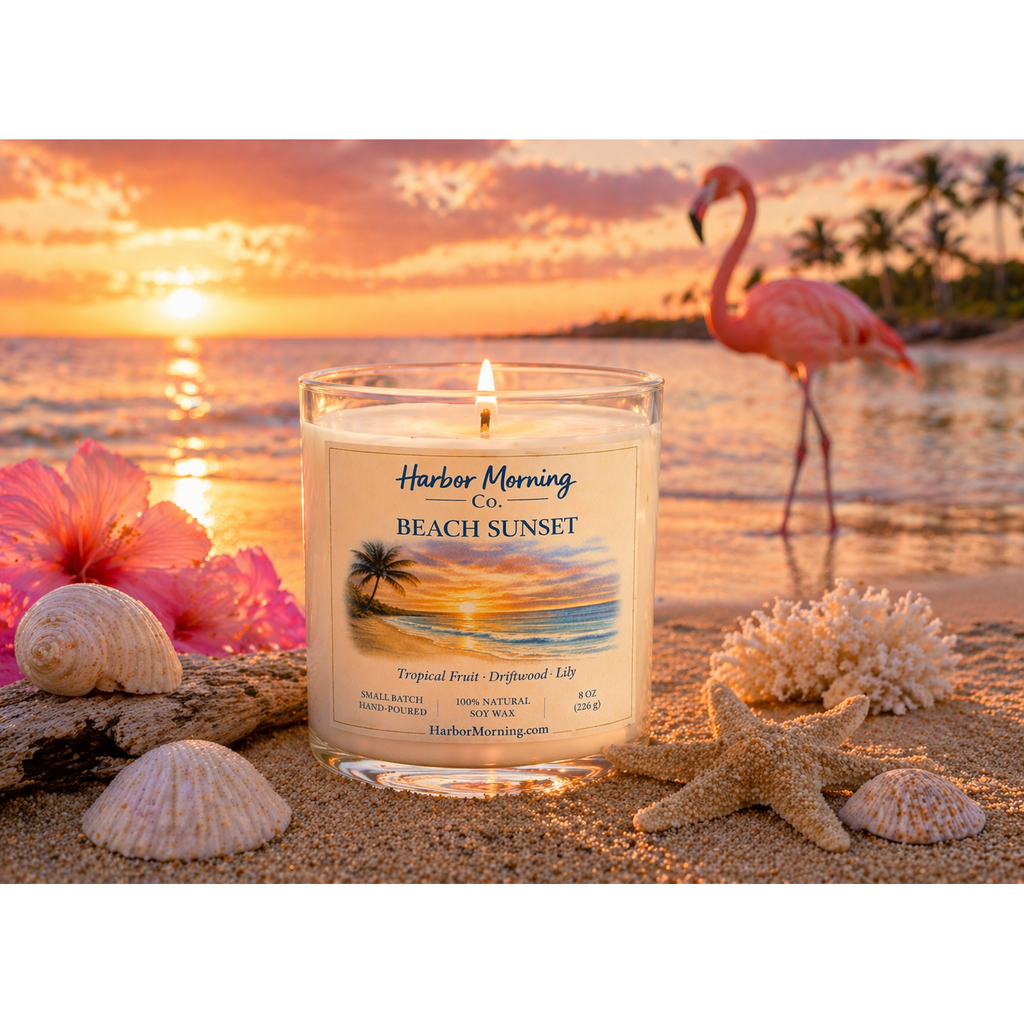 Harbor Morning Co. Beach Sunset 8oz hand-poured coastal soy candle in a beach setting with flamingo in the background