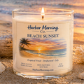 Harbor Morning Co. Beach Sunset 8oz hand-poured coastal soy candle lit on the beach with seashells, palm trees, and tropical ocean sunset in the background