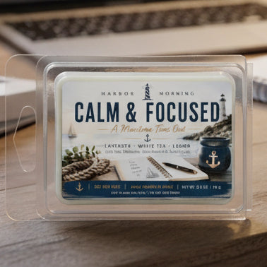 Calm & Focused scented soy wax melts on a dorm room desk by Harbor Morning Co.
