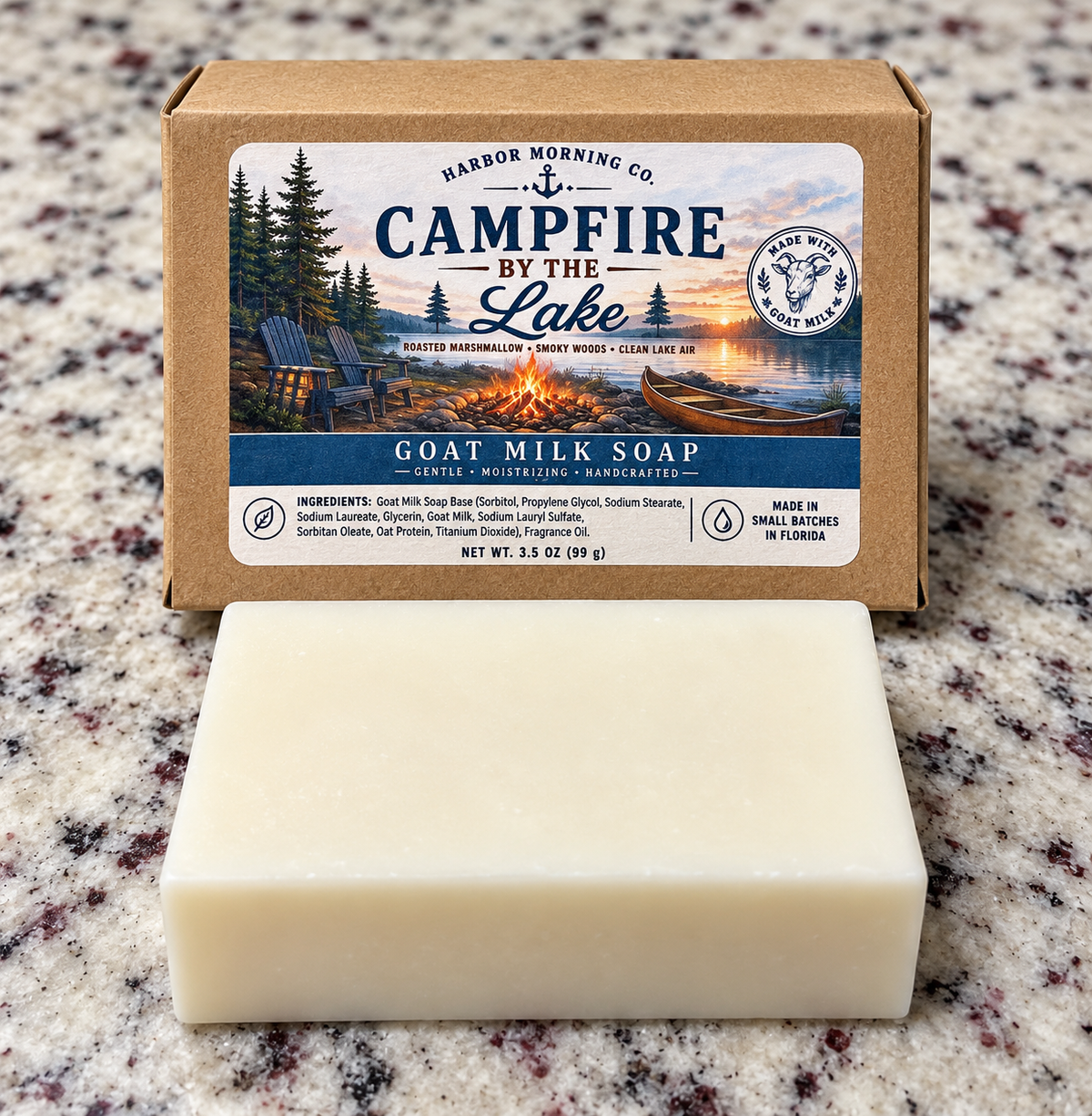 Campfire by the Lake goat milk soap bar and kraft package
