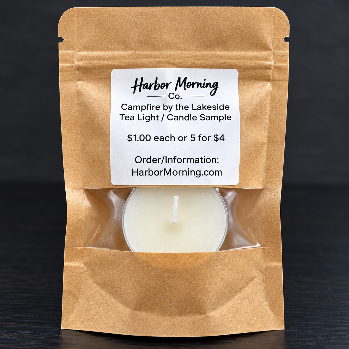 Harbor Morning Co. Campfire by the Lakeside tea light candle sample