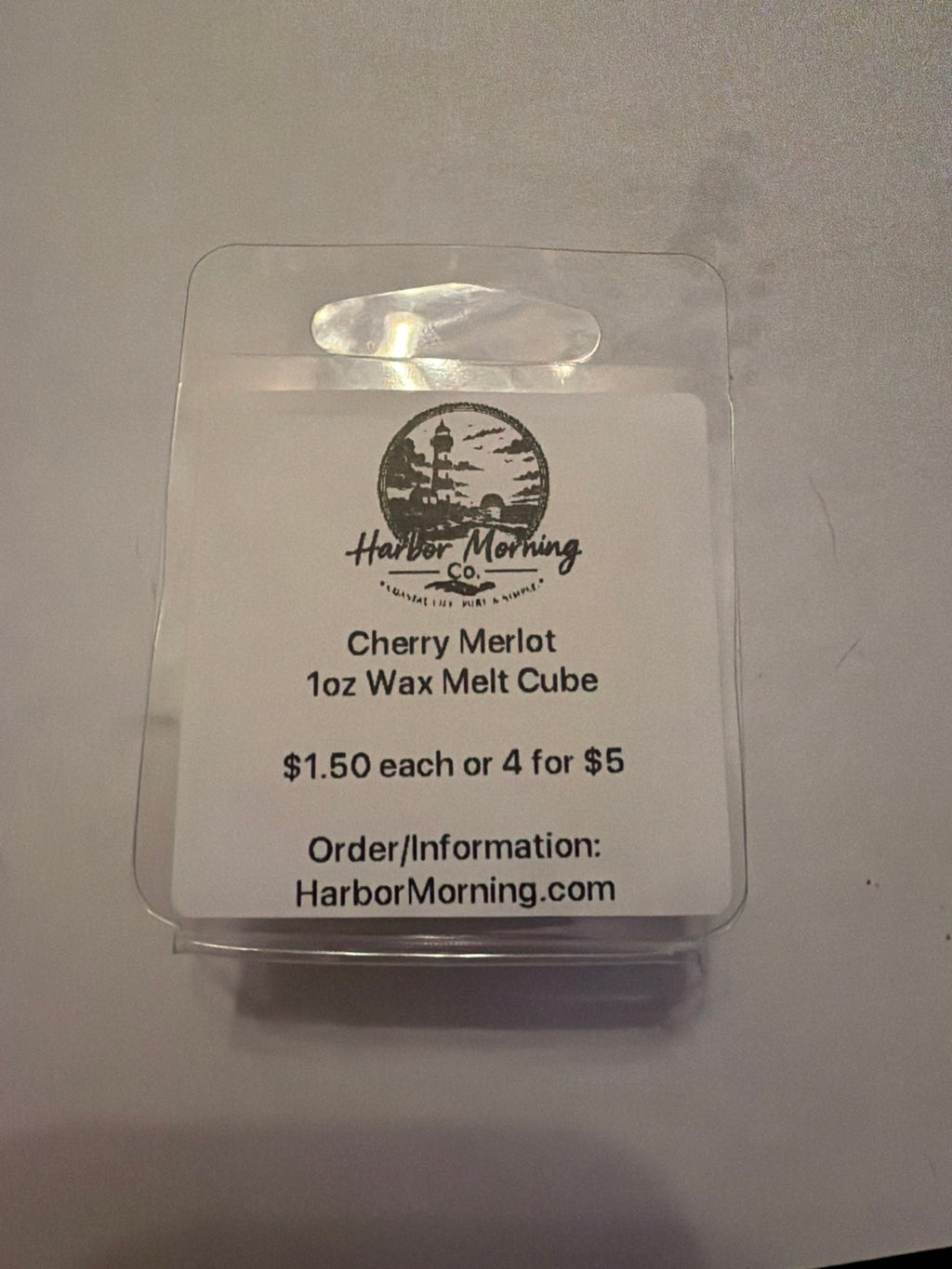 Harbor Morning Co. Cherry Merlot 1 oz wax melt cube in clear clamshell packaging
