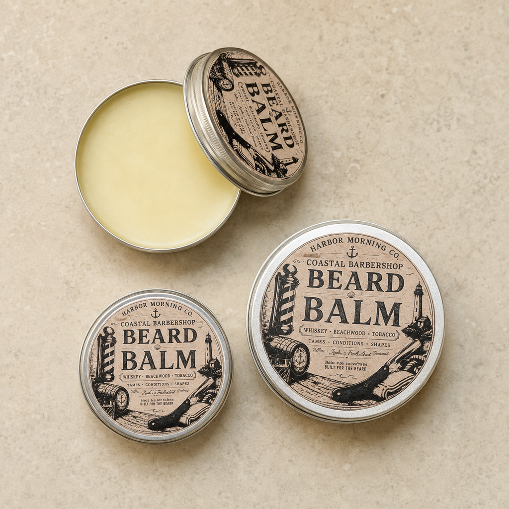 Three Coastal Barbershop Beard Balm tins with one open