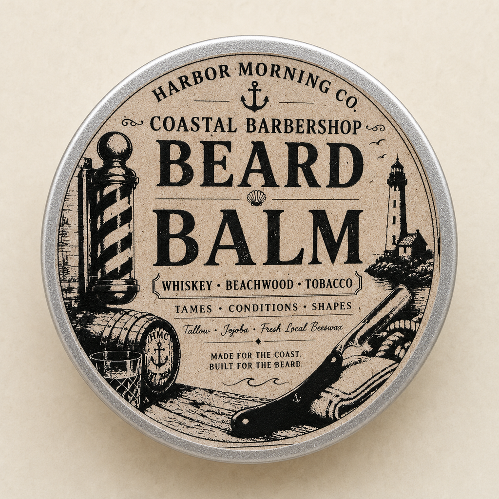 Coastal Barbershop Beard Balm whiskey beachwood tobacco front label