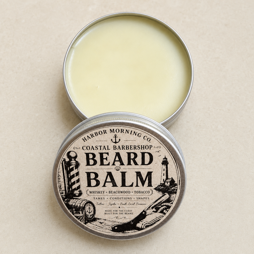 Open Coastal Barbershop Beard Balm tin with labeled lid