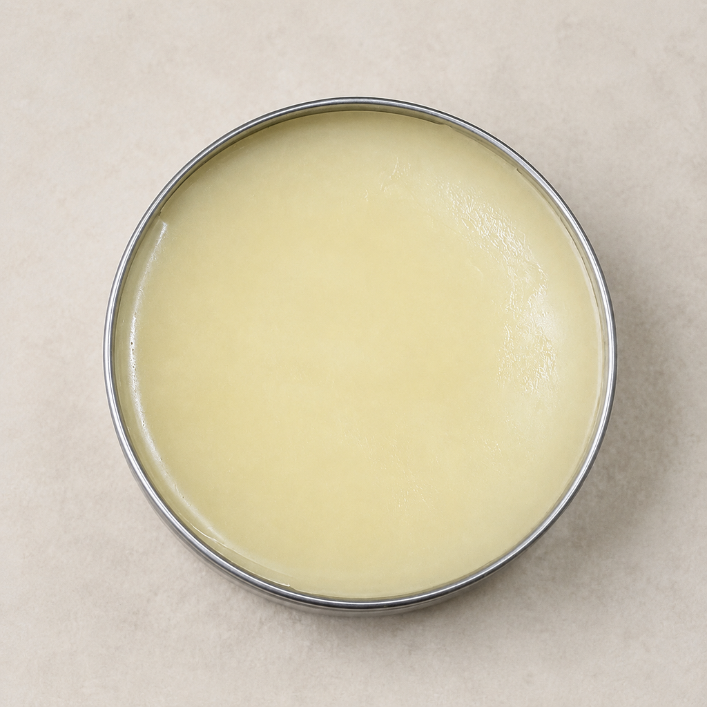 Open 5 oz tin showing pale yellow Coastal Barbershop Beard Balm