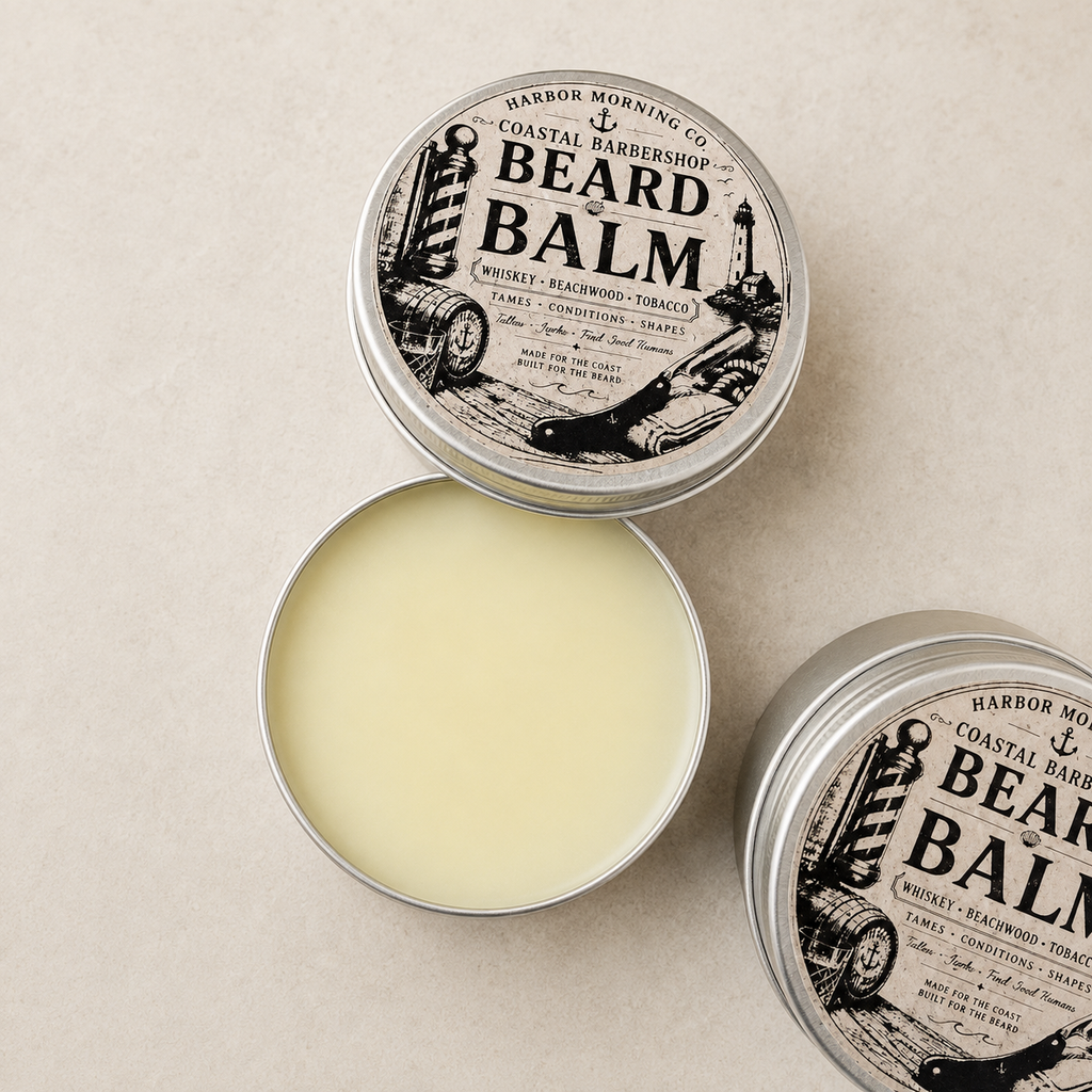 Overhead arrangement of Coastal Barbershop Beard Balm tins