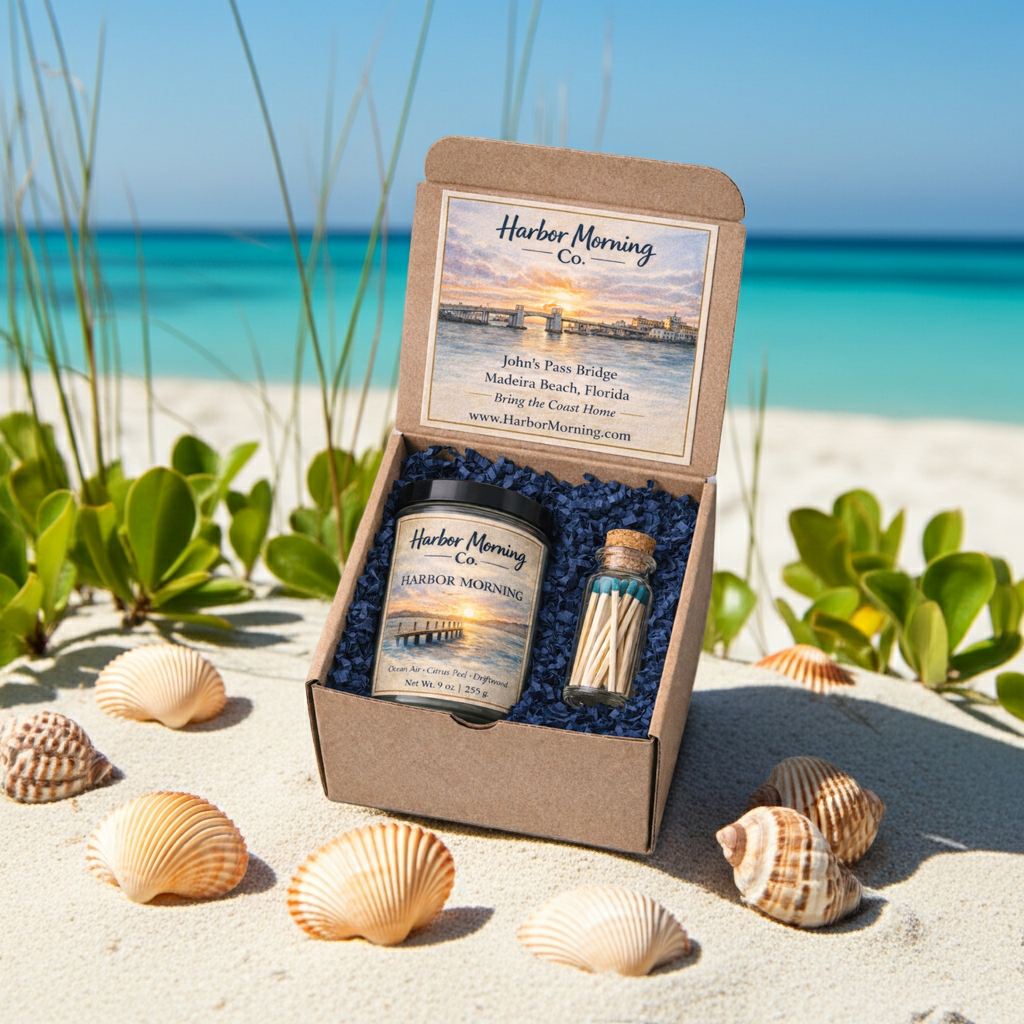 Harbor Morning Co. Coastal Candle Gift Set with candle, Johns Pass postcard, and teal matches angled on the beach with crystal blue waters and sea oats in the background. Harbor Morning Co. Coastal Candle Gift Set with candle, Johns Pass postcard, and teal matches angled on the beach with crystal blue waters and sea oats in the background