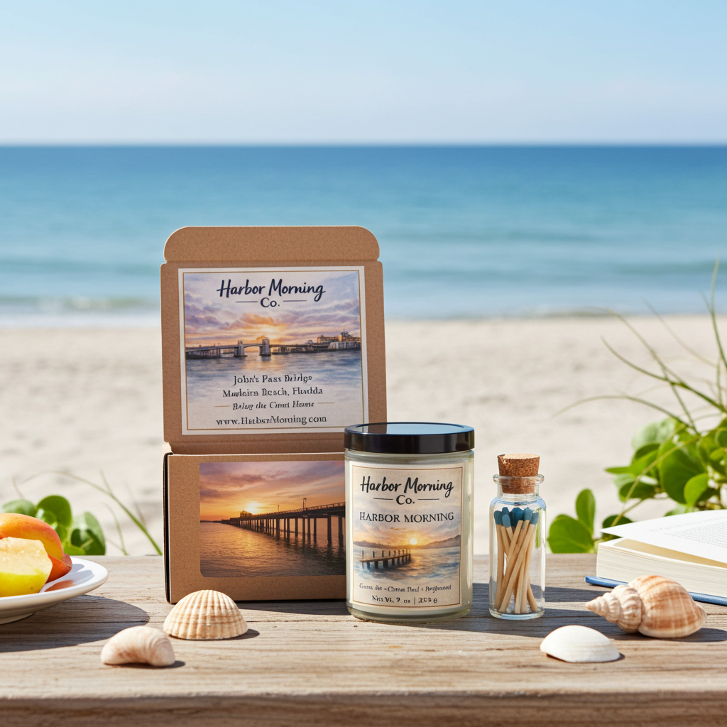 Harbor Morning Co. Coastal Candle Gift Set with candle, postcard, and teal matches on a wooden beach table with citrus fruit, open book, and seashells — a coastal wellness moment