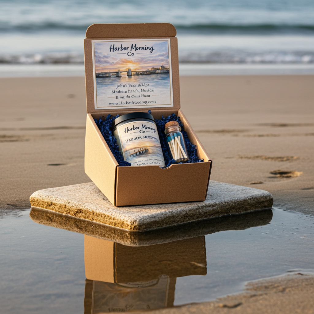 Harbor Morning Co. Coastal Candle Gift Set with candle, postcard, and teal matches on a paver stone with puddle reflection and waves rolling up the beach behind