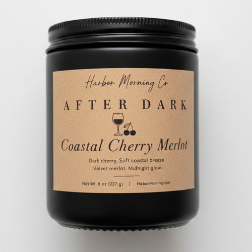 Harbor Morning Co. Coastal Cherry Merlot 8 oz After Dark candle in matte black jar