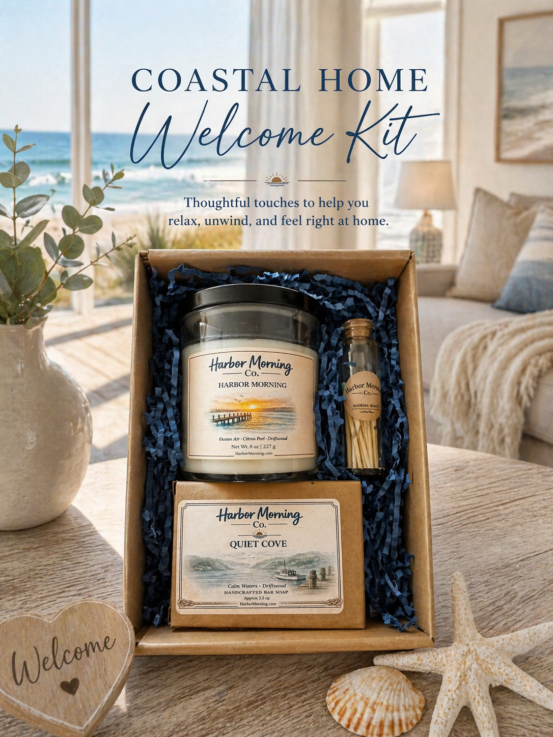 Harbor Morning Co. Coastal Welcome Box open on a sun-bleached wooden table in a coastal home — featuring a hand-poured candle, goat milk soap, and teal matches in kraft box with navy crinkle padding, blue seas visible through large windows