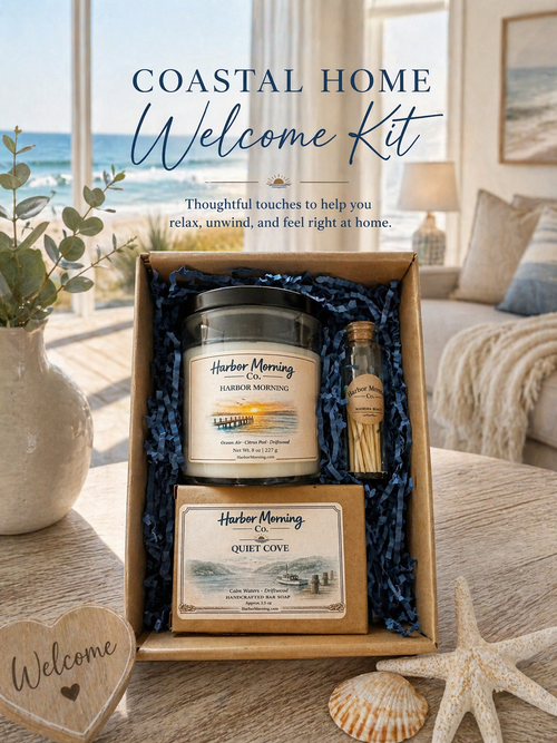 Harbor Morning Co. Coastal Welcome Box open on a sun-bleached wooden table in a coastal home — featuring a hand-poured candle, goat milk soap, and teal matches in kraft box with navy crinkle padding, blue seas visible through large windows