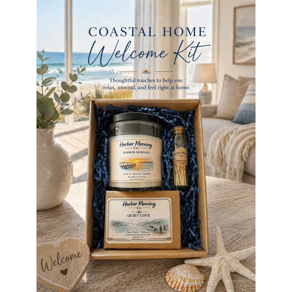 Harbor Morning Co. Coastal Welcome Box open on a sun-bleached wooden table in a coastal home — featuring a hand-poured candle, goat milk soap, and teal matches in kraft box with navy crinkle padding, blue seas visible through large windows