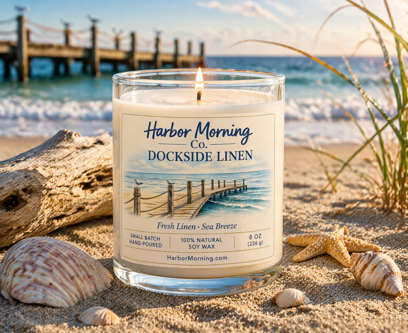 Harbor Morning Co. Dockside Linen 8oz hand-poured coastal soy candle lit on the beach with waves, sea grass, and seashells — fresh and inviting coastal atmosphere