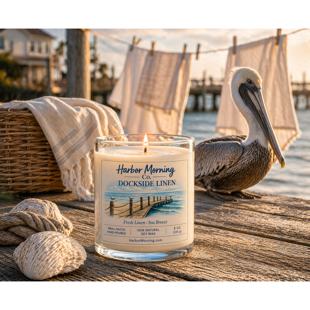 Harbor Morning Co. Dockside Linen 8oz hand-poured coastal soy candle lit on the docks with a pelican, linen hanging on an outdoor line, and ocean in the background