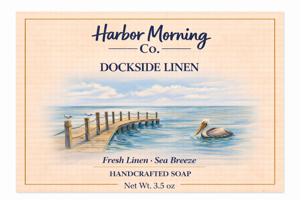 Harbor Morning Co. Dockside Linen handcrafted goat milk soap label featuring a pier reaching into the ocean with a pelican in the water — fresh linen and sea breeze scent