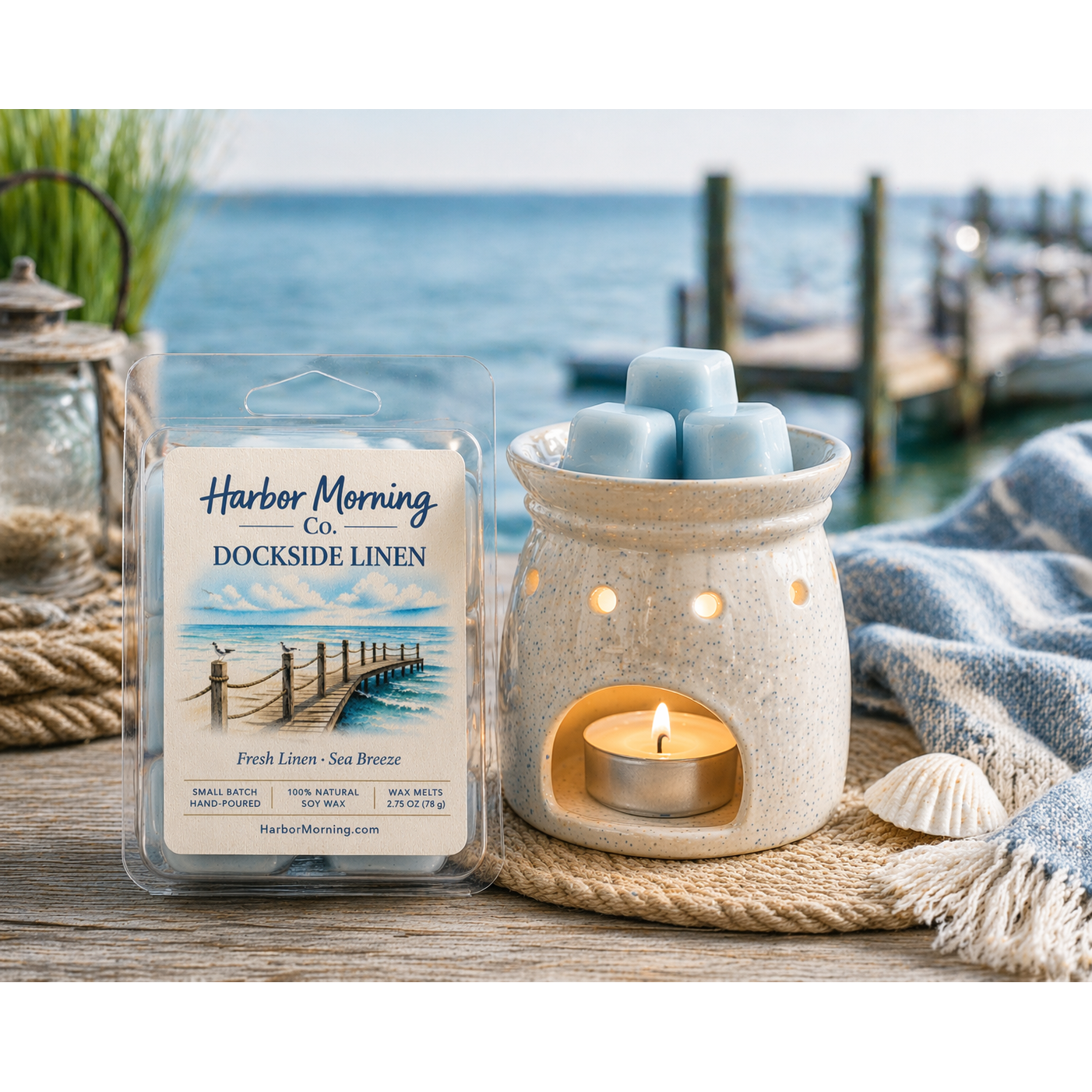 Harbor Morning Co. Dockside Linen coastal wax melts on a dock with nautical lantern, wax warmer, sea grass, seashells, towel, and ocean in the background