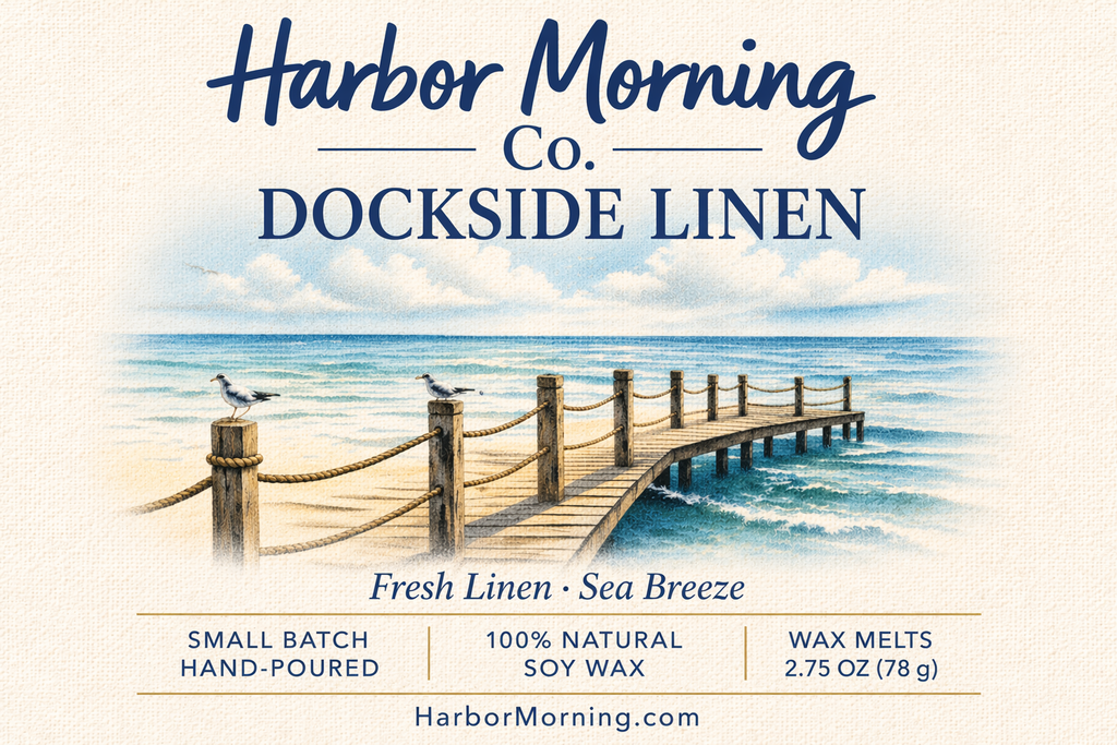 Harbor Morning Co. Dockside Linen coastal wax melt label featuring a pier stretching into bright blue ocean waters with seagulls perched under clear skies