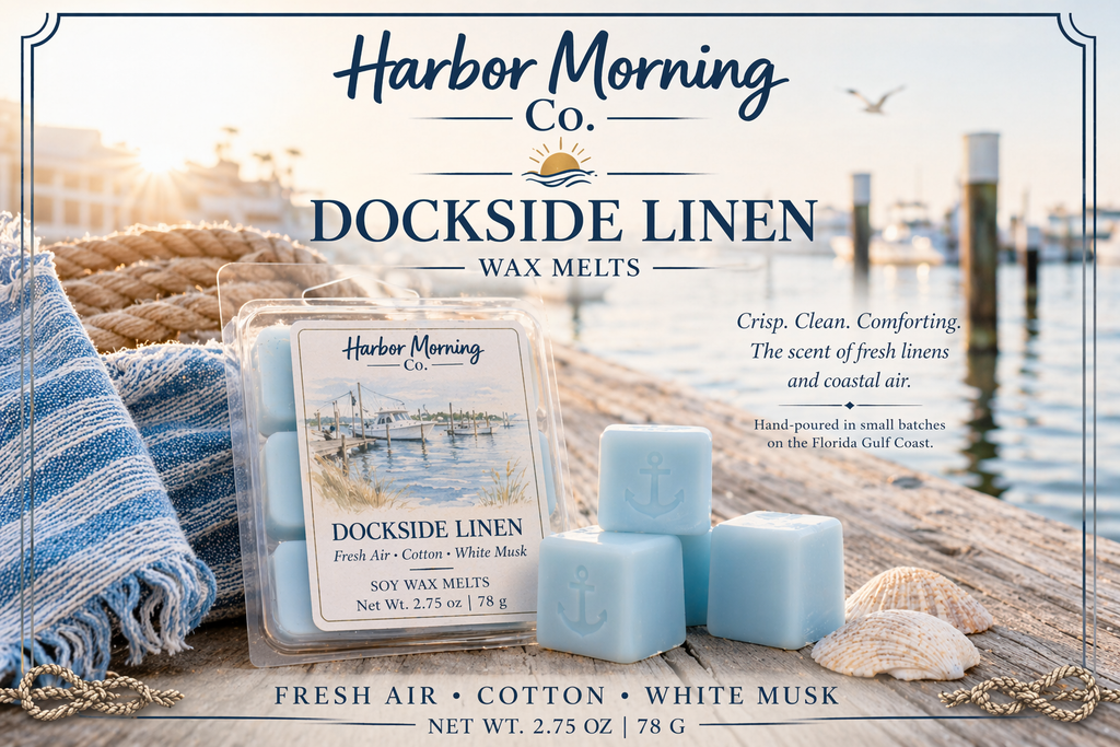 Harbor Morning Co. Dockside Linen coastal wax melts on a weathered pier with nautical beach towel, shipping rope, wax cubes, boats, seagull, and calm waters — a true coastal moment