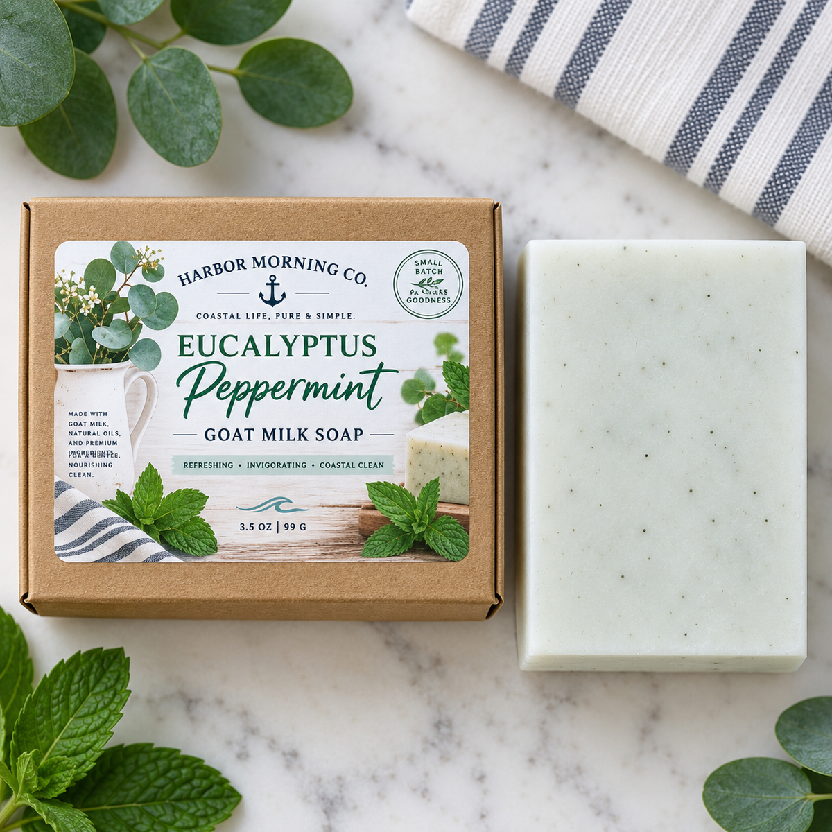 Harbor Morning Eucalyptus Peppermint Goat Milk Soap with kraft box