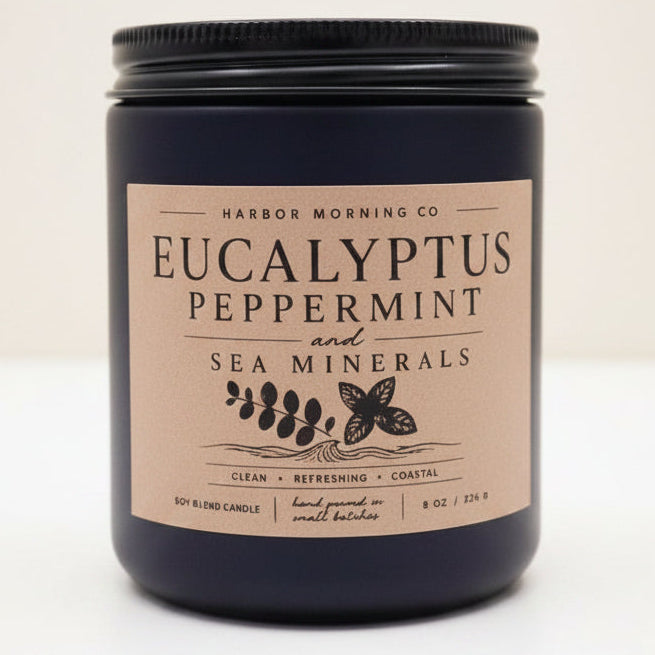 Harbor Morning Co. Eucalyptus Peppermint and Sea Minerals 8 oz soy candle in matte black jar