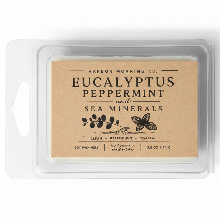 Harbor Morning Co. Eucalyptus Peppermint and Sea Minerals soy wax melts in clear clamshell packaging