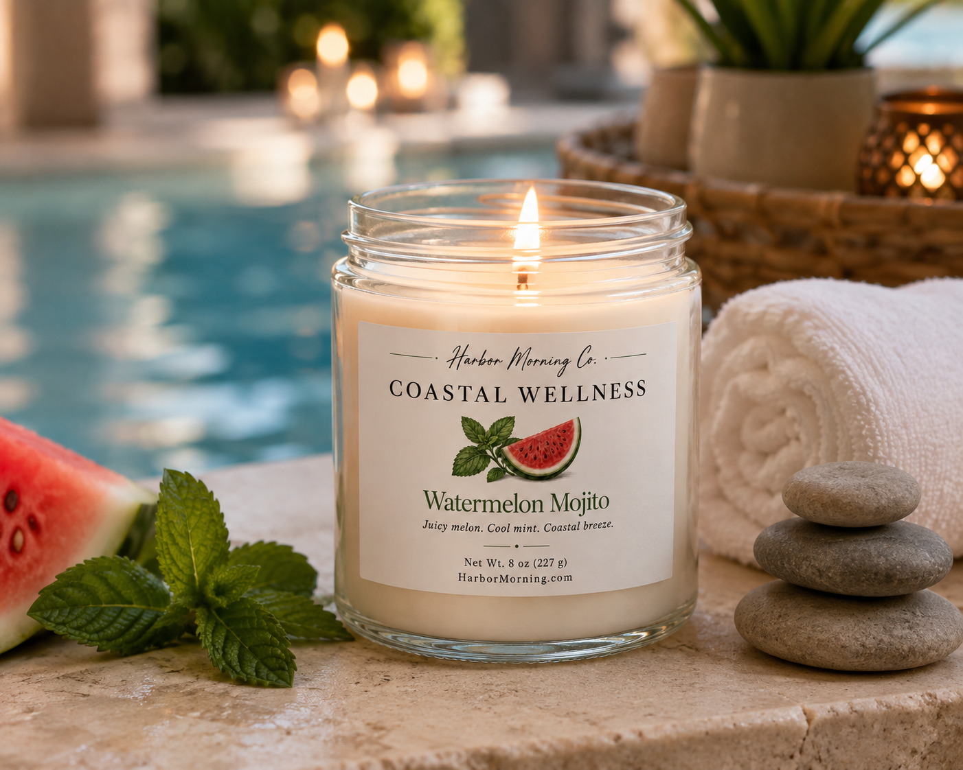 Watermelon Mojito soy candle in a fresh coastal wellness setting