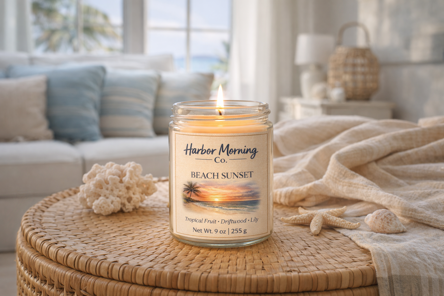 Harbor Morning Co. Founder Batch Harbor Morning candle in a coastal living room setting with wicker basket, sea sponge, starfish, seashell, and linen