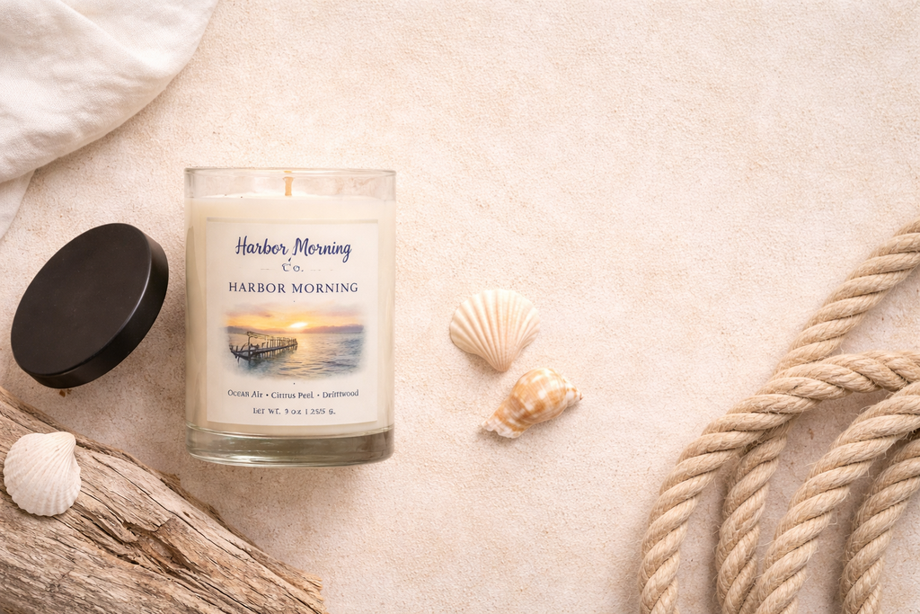 Harbor Morning Co. Founder Batch candle on a pink carpet with seashell, towel, and sea rope nearby