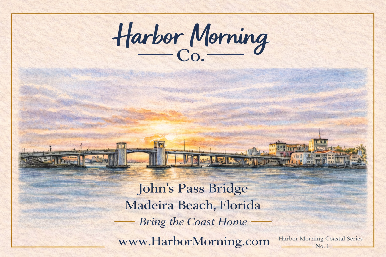 Harbor Morning Co. Johns Pass collectible postcard No. 1 — part of the Founder Batch Gift Box and Harbor Morning Gift Set, Madeira Beach Florida