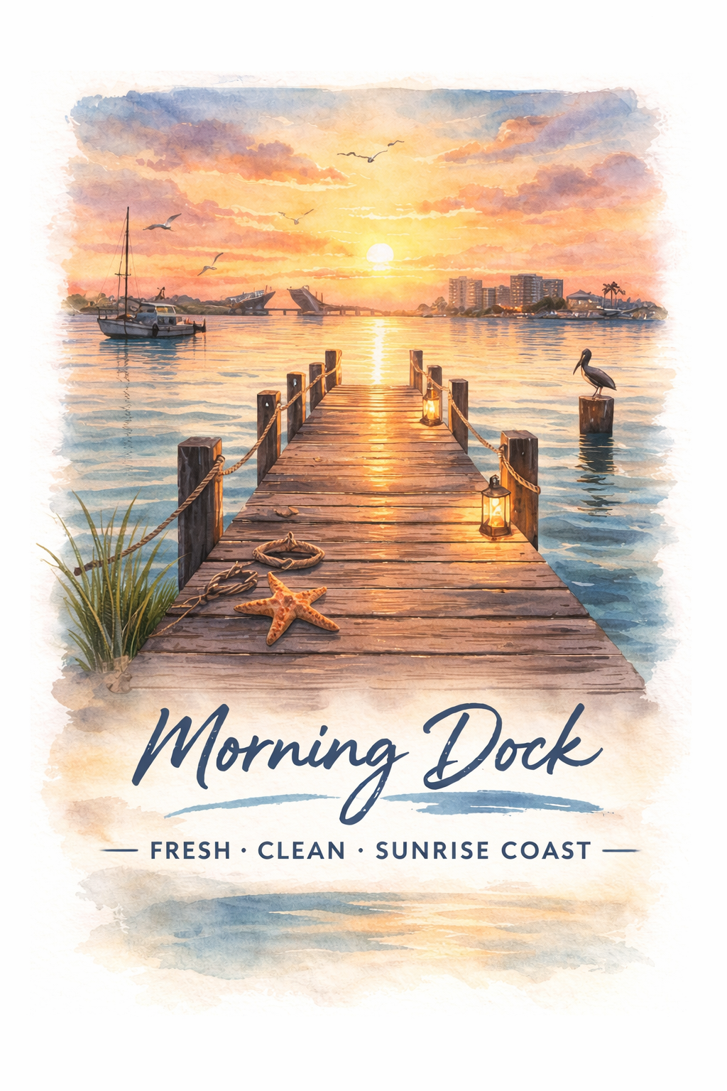 Harbor Morning Co. watercolor of a morning dock at sunrise over Johns Pass Bridge in Madeira Beach Florida — pelican on a pillar, sea grass, and coastal skyline with fresh clean sunrise coast scent