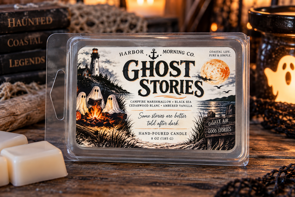 Ghost Stories wax melt in a coastal Halloween setting