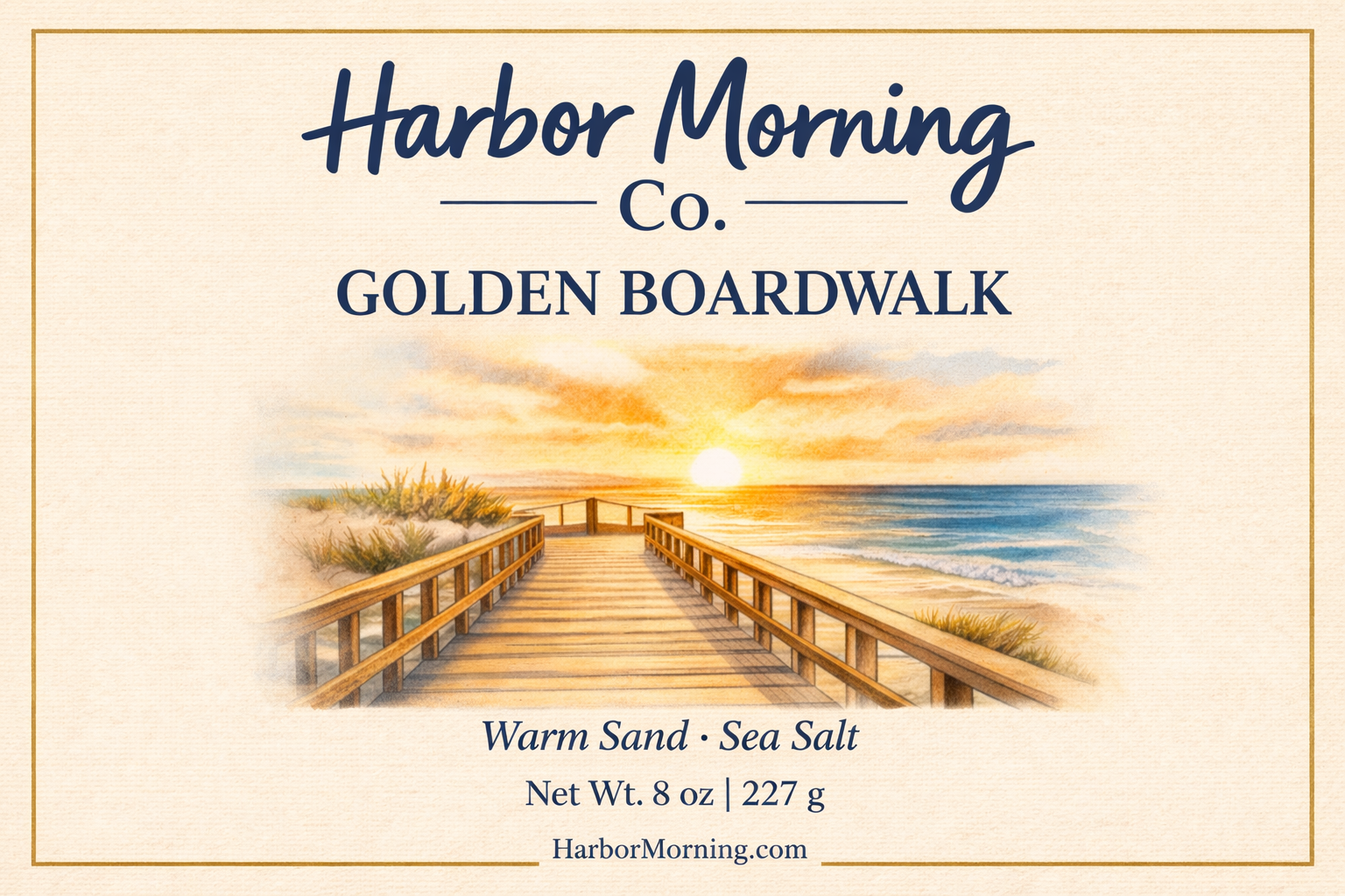 Harbor Morning Co. Golden Boardwalk 8oz coastal soy candle label — golden sunset over water reflecting off a winding beachside boardwalk