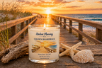 Harbor Morning Co. Golden Boardwalk 8oz hand-poured coastal soy candle on boardwalk steps at sunset with driftwood, seashell, and starfish