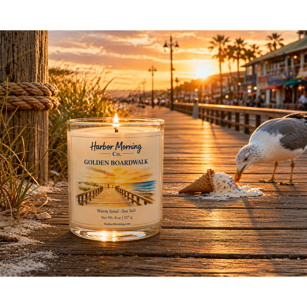 Harbor Morning Co. Golden Boardwalk 8oz hand-poured coastal soy candle with a Gulf Coast boardwalk sunset scene — seagull, palm trees, and beachside businesses in the background