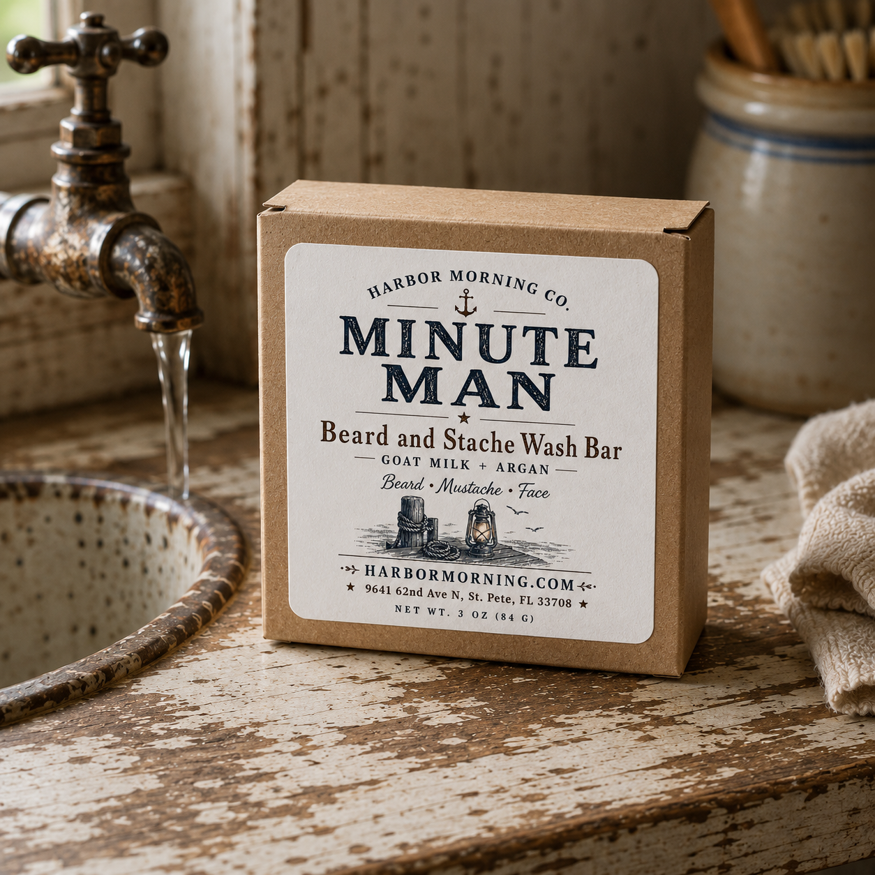 Box of Harbor Morning Co. Minute Man beard and stache wash bar on a rustic bathroom counter.