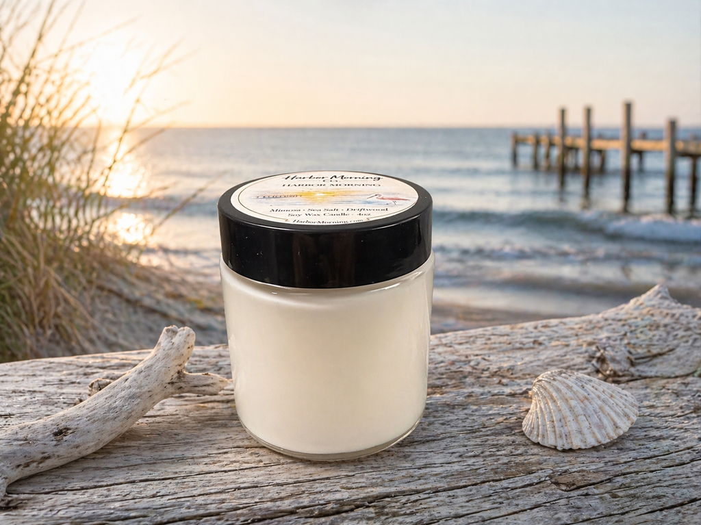 Harbor Morning Co. signature 4oz hand-poured coastal soy candle on driftwood with sea grass, morning sunshine, and a pier in the background