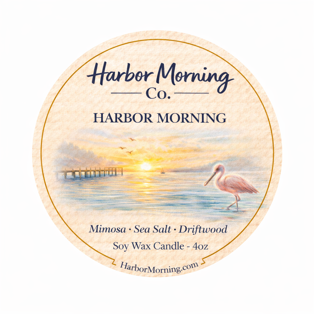 Harbor Morning Co. signature 4oz coastal soy candle lid label featuring a sunrise over water and a pink spoonbill — hand-poured in Florida