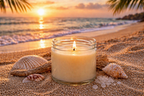 Harbor Morning Co. signature 4oz hand-poured coastal soy candle lit on the beach with seashells and a tropical sunset — coastal wellness inspired by Florida's Gulf Coast