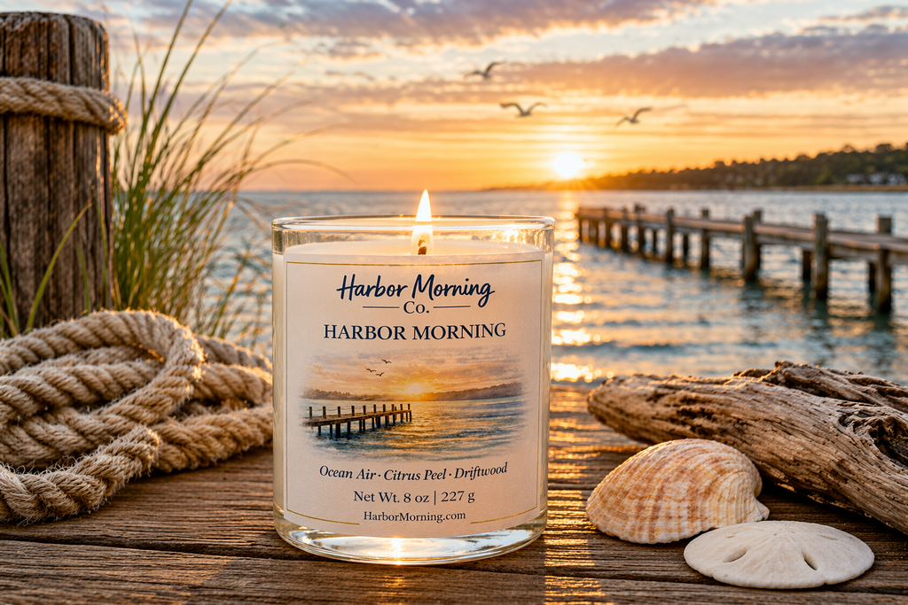 Harbor Morning Co. signature 8oz hand-poured coastal soy candle on weathered docks at sunrise with boat rope, shells, driftwood, pier, and birds flying over the water