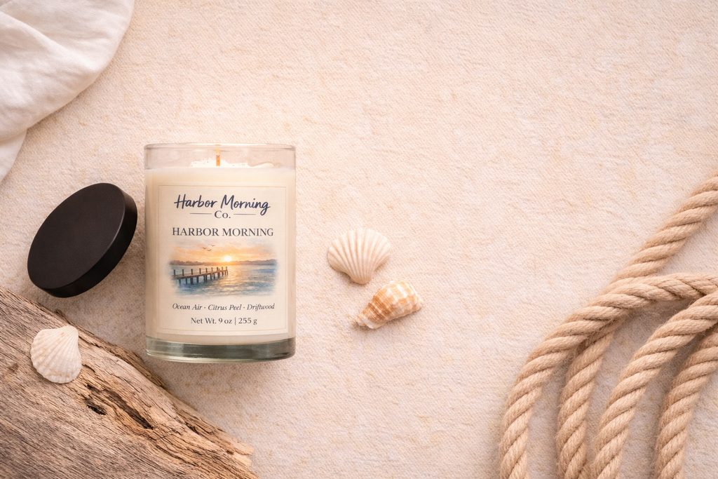 Harbor Morning Co. signature 8oz hand-poured coastal soy candle flatlay with lid off, driftwood, seashells, boat rope, and linen