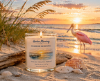 Harbor Morning Co. signature 8oz hand-poured coastal soy candle on the beach at sunrise with driftwood, seashells, and a pink spoonbill by the water